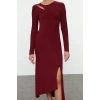 Womens Fashion Stylish Midi Length Crew Neck Fitted Hem Flounce Detailed Knitted Dress
