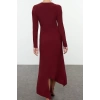 Womens Fashion Stylish Midi Length Crew Neck Fitted Hem Flounce Detailed Knitted Dress