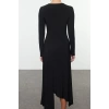 Womens Fashion Stylish Midi Length Crew Neck Fitted Hem Flounce Detailed Knitted Dress
