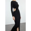 Kadın Moda Şık Midi Boy Bisiklet Yaka Fitted Elbise