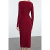 Kadın Moda Şık Midi Boy Asimetrik Yaka Fitted Vücuda Oturan Yaka Detaylı Drapeli Dokuma Elbise