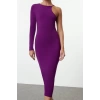 Women Fashion Stylish Midi Length Asymmetrical Neck Fitted Bodycon Single Sleeve Knitted Dress