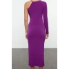 Women Fashion Stylish Midi Length Asymmetrical Neck Fitted Bodycon Single Sleeve Knitted Dress
