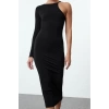 Women Fashion Stylish Midi Length Asymmetrical Neck Fitted Bodycon Single Sleeve Knitted Dress