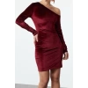 Women Fashion Stylish Mini Length Asymmetrical Neck Fitted Bodycon Velvet Knitted Short Dress