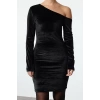 Women Fashion Stylish Mini Length Asymmetrical Neck Fitted Bodycon Velvet Knitted Short Dress