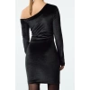 Women Fashion Stylish Mini Length Asymmetrical Neck Fitted Bodycon Velvet Knitted Short Dress