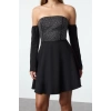 Women Fashion Stylish Mini Length Carmen Collar Fitted A-Line Stone Print Woven Short Dress