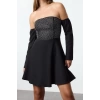 Women Fashion Stylish Mini Length Carmen Collar Fitted A-Line Stone Print Woven Short Dress