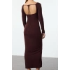 Kadın Moda Şık Maxi Boy U Yaka Fitted Vücuda Oturan Göğüsten Bağlama Detaylı Örme Uzun Elbise