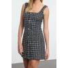 Women Fashion Stylish Mini Length Square Neck Fitted Stone Accessory Glittery Tweed Woven Short Dress