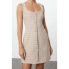 Women Fashion Stylish Mini Length Square Neck Fitted Stone Accessory Glittery Tweed Woven Short Dress