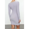 Kadın Moda Şık Mini Boy V Yaka Fitted Vücuda Oturan Düğüm Detaylı Örme Elbise