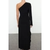 Kadın Moda Şık Midi Boy Asimetrik Yaka Fitted Fırfır Detaylı Tek Kol Örme Elbise