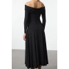 Women Fashion Stylish Midi Length Asymmetrical Neck Fitted A-Line Knitted Dress