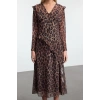 Kadın Moda Şık Midi Boy V Yaka Fitted Leopar Desenli Astarlı Şifon Dokuma Elbise