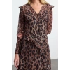 Kadın Moda Şık Midi Boy V Yaka Fitted Leopar Desenli Astarlı Şifon Dokuma Elbise