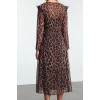 Kadın Moda Şık Midi Boy V Yaka Fitted Leopar Desenli Astarlı Şifon Dokuma Elbise