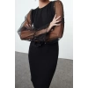 Women Fashion Stylish Midi Length Crew Neck Fitted Body-Smoothing Sleeve Detailed Woven Dress