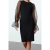 Women Fashion Stylish Midi Length Crew Neck Fitted Body-Smoothing Sleeve Detailed Woven Dress