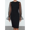 Women Fashion Stylish Midi Length Crew Neck Fitted Body-Smoothing Sleeve Detailed Woven Dress