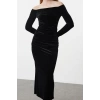 Women Fashion Stylish Midi Length Carmen Collar Fitted Body Knitted Velvet Dress