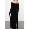 Women Fashion Stylish Midi Length Carmen Collar Fitted Body Knitted Velvet Dress