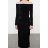 Women Fashion Stylish Midi Length Carmen Collar Fitted Body Knitted Velvet Dress