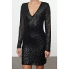 Women Fashion Stylish Mini Length V Neck Fitted Bodycon Sequin Knitted Short Dress