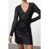 Women Fashion Stylish Mini Length V Neck Fitted Bodycon Sequin Knitted Short Dress