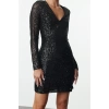 Women Fashion Stylish Mini Length V Neck Fitted Bodycon Sequin Knitted Short Dress
