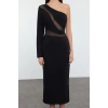 Women Fashion Stylish Midi Length Asymmetrical Collar Fitted Body-Smoothing Transparent Detailed Single Sleeve Woven Dress