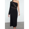 Women Fashion Stylish Midi Length Asymmetrical Collar Fitted Body-Smoothing Transparent Detailed Single Sleeve Woven Dress