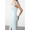 Kadın Moda Şık Midi Boy Kalp Yaka Fitted Mavi Valan Detaylı Dokuma Elbise