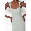 Kadın Moda Şık Midi Boy Kalp Yaka Fitted Mavi Valan Detaylı Dokuma Elbise