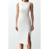 Women Fashion Chic Midi Length Crew Neck Fitted Window Cut Out Detailed Woven Dress