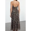 Women Fashion Stylish Midi Length Cowl Neck Fitted Bodycon Lined Leopard Print Tulle Dress