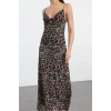 Women Fashion Stylish Midi Length Cowl Neck Fitted Bodycon Lined Leopard Print Tulle Dress