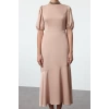Kadın Moda Şık Midi Boy Bisiklet Yaka Fitted A-Kesim Saten Dokuma Elbise