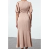 Kadın Moda Şık Midi Boy Bisiklet Yaka Fitted A-Kesim Saten Dokuma Elbise
