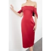 Kadın Moda Şık Midi Boy Carmen Yaka Fitted Vücuda Oturan Saten Dokuma Elbise