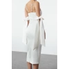 Kadın Moda Şık Midi Boy Kare Yaka Fitted Kol Detaylı Saten Dokuma Elbise