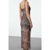 Women Fashion Stylish Midi Length V Neck Fitted Bodycon Leopard Patterned Tulle Woven Dress