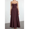 Kadın Moda Şık Midi Boy Kalp Yaka Fitted A-Kesim Poplin Dokuma Elbise