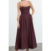 Kadın Moda Şık Midi Boy Kalp Yaka Fitted A-Kesim Poplin Dokuma Elbise
