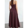 Kadın Moda Şık Midi Boy Kalp Yaka Fitted A-Kesim Poplin Dokuma Elbise