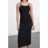 Kadın Moda Şık Midi Boy Kare Yaka Fitted Sırt Detaylı Vücuda Oturan Örme Elbise