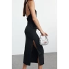 Kadın Moda Şık Midi Boy Kare Yaka Fitted Sırt Detaylı Vücuda Oturan Örme Elbise