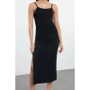 Kadın Moda Şık Midi Boy Kare Yaka Fitted Sırt Detaylı Vücuda Oturan Örme Elbise