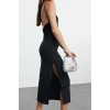 Kadın Moda Şık Midi Boy Kare Yaka Fitted Sırt Detaylı Vücuda Oturan Örme Elbise